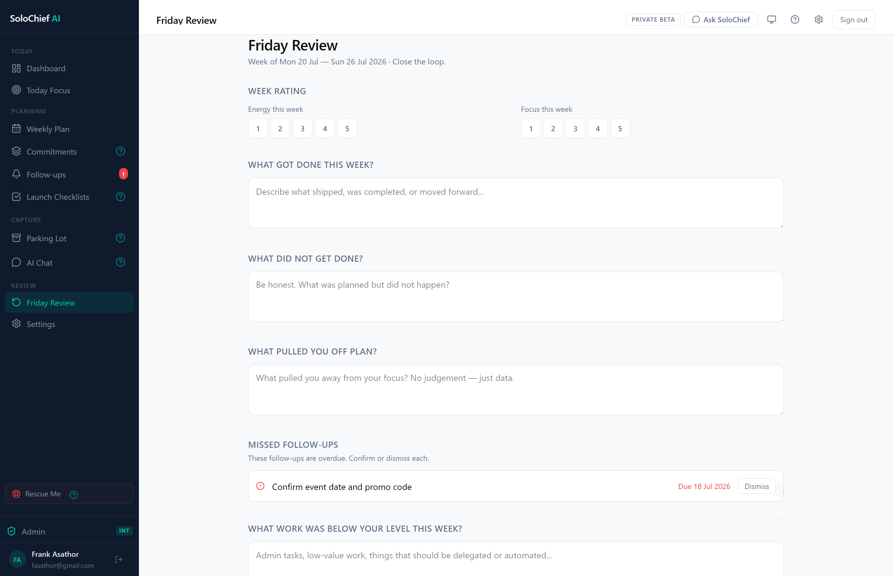 SoloChief Friday Review screen showing week rating sliders for energy and focus, prompts for what got done, what did not, and what pulled you off plan, and a Missed Follow-ups section flagging an overdue item during review